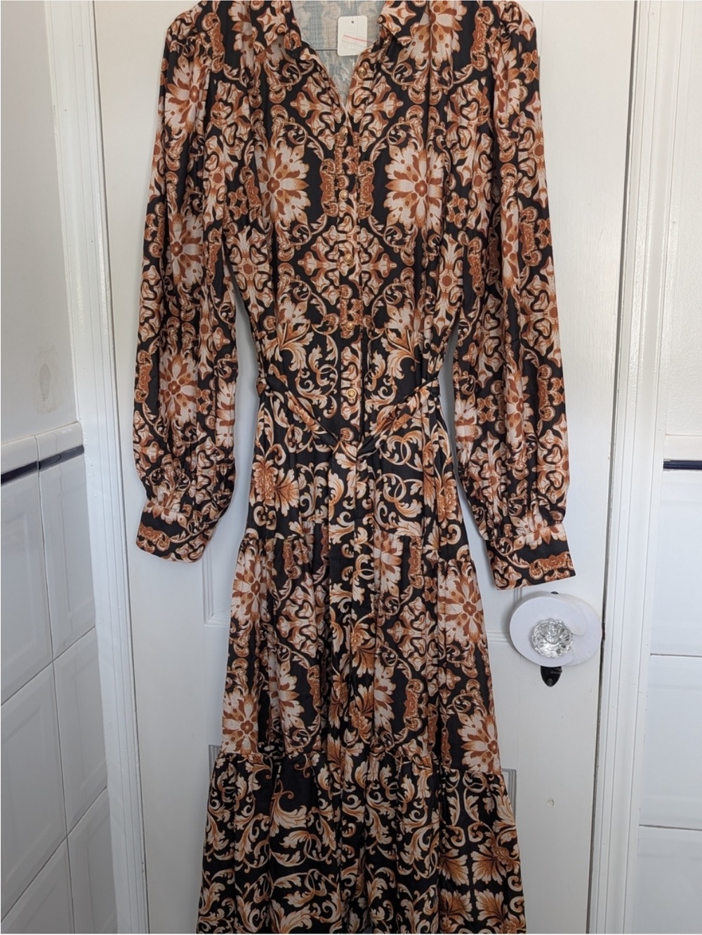 Flying Tomato Black and Tan Floral-Scroll Long Sleeve Maxi Dress